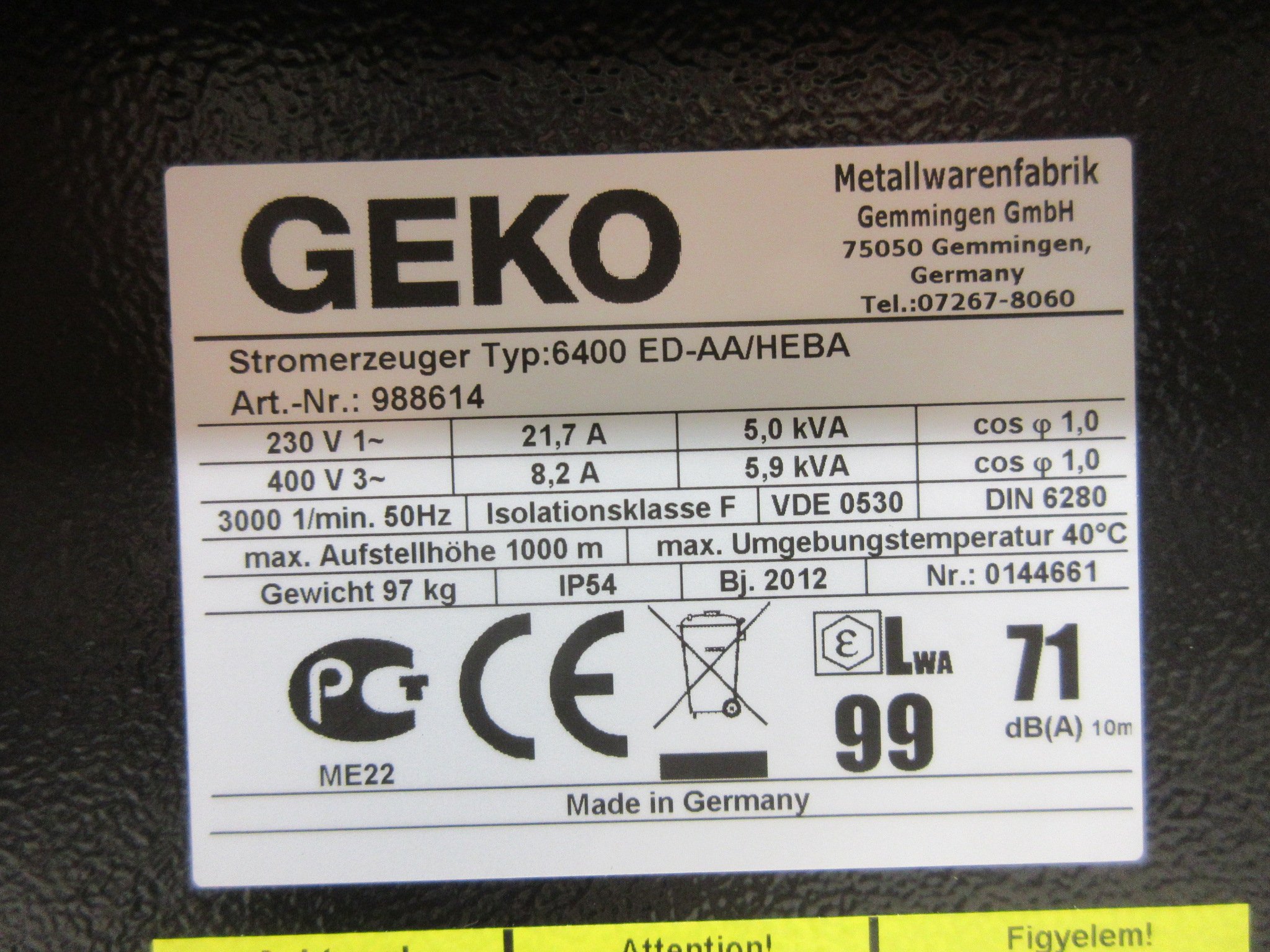 Elverk GEKO 6400. 3-fas 5,9 kVA.1-fas 5,0 kVA